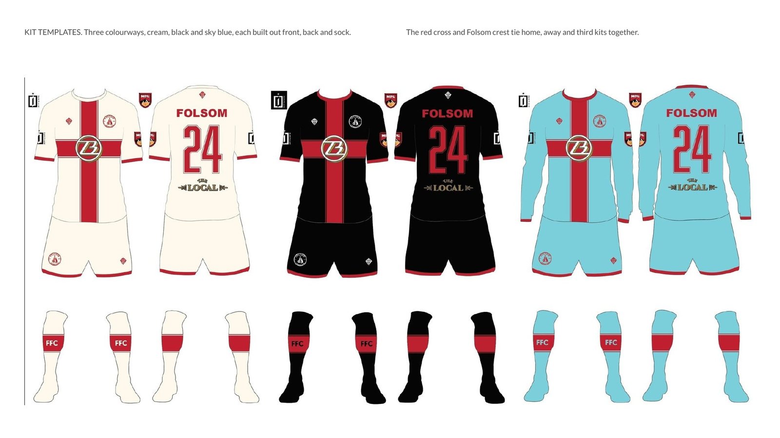 Folsom Fight FC kit templates in three colorways