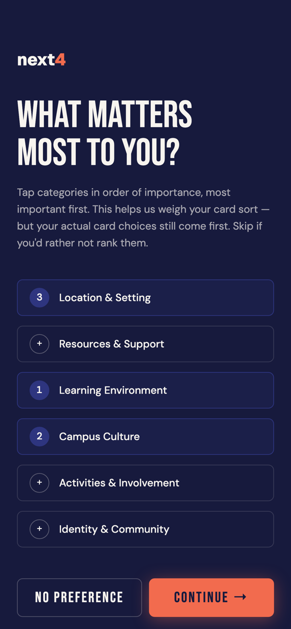 Priority ranking screen with six categories