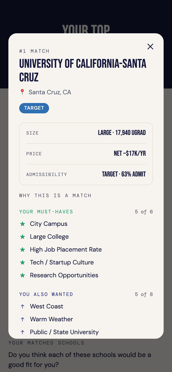 Why this is a match, showing matched must-haves